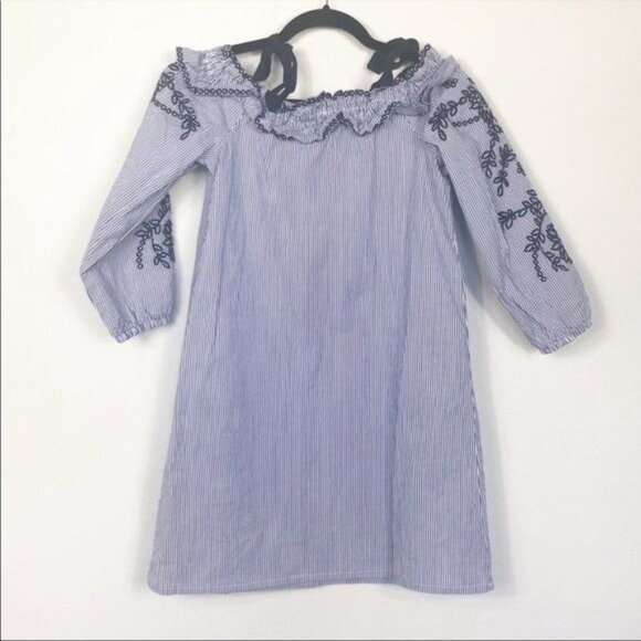 Market Spruce Blue Striped Off Shoulder Mini Dress Embroidered Sleeves Small - Picture 5 of 7